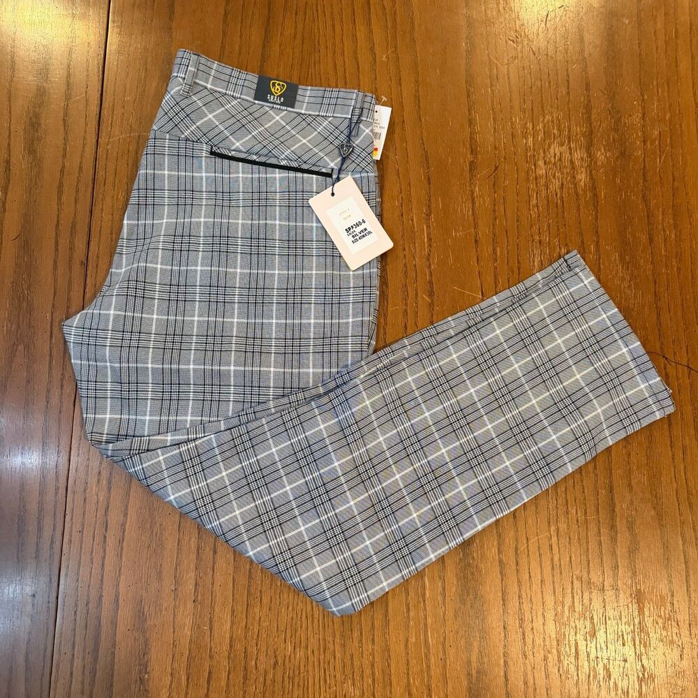 Suslo Couture Slim Fit Dress Pants Mens 40x30 Gray Plaid Stretch Flat Front NWT